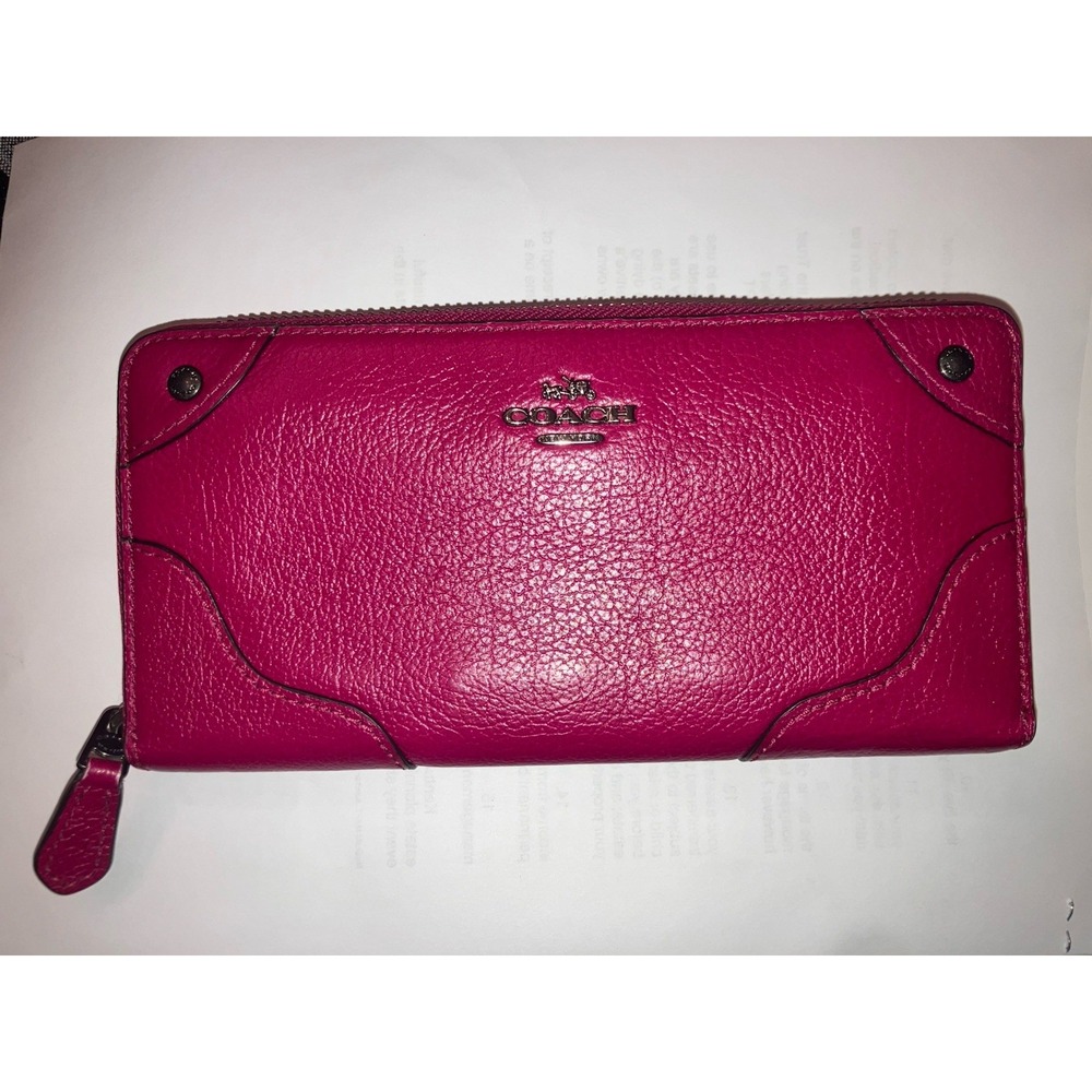 COACH Mickie Wallet PINK Zip-Around Silver Logo Large Leather READ
